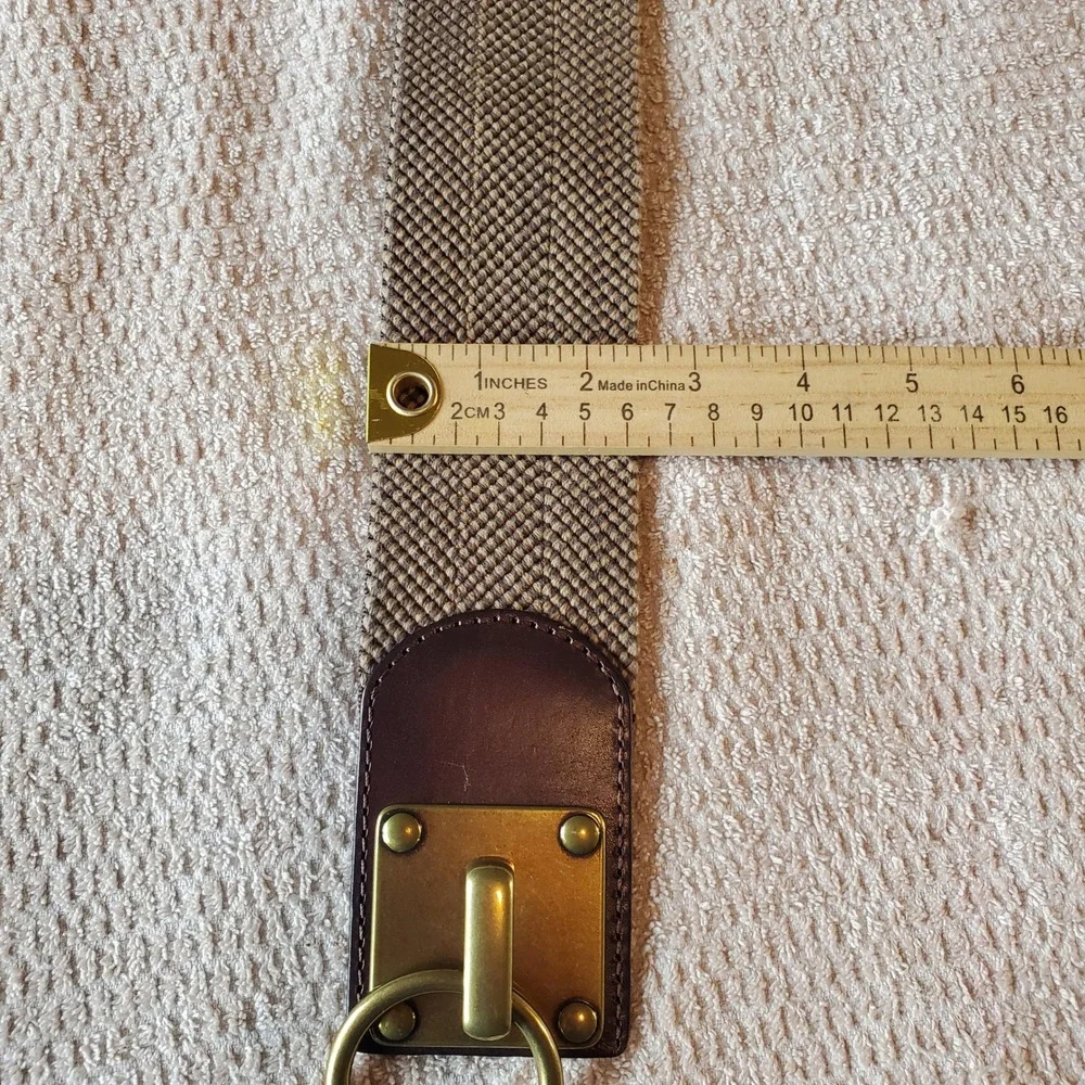 Brown‎ Leather Woven Elastic Cinch Waist Belt Brass Ring Toggle sz Small